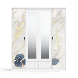 Armoire de chambre moderne en acier imprimé avec miroir, tringle à vêtements amovible verrouillable et portes coulissantes - Product Image 1