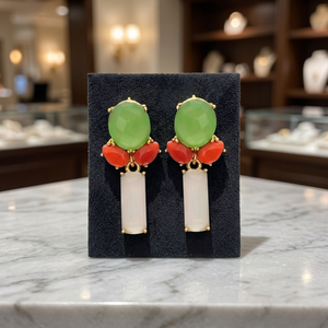 Nouvelles boucles d'oreilles pendantes en argent sterling 925 plaqué or avec pierres de calcédoine laiteuse/orangée et vert marine - Product Image 2