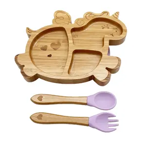 独角兽形状的天然竹制婴儿盘子，带竹柄的硅胶叉子和勺子