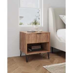 Nightstand In Golden Brown Wood With <b>Open</b> Shelf And Hairpin Legs - Product Image 2