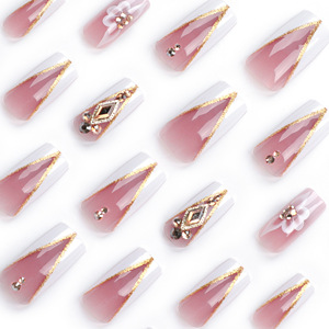 Design JP2934 Golden Glitter V en forme de français <span class=keywords><strong>blanc</strong></span> bordure fleur strass Nail Art 24pcs ABS Press on Nails - Product Image 3