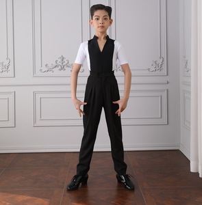 Tenue de danse latine pour garçons, vêtements professionnels de danse latine rayés pour enfants, haut à manches courtes, pantalon long à taille élastique - Product Image 6