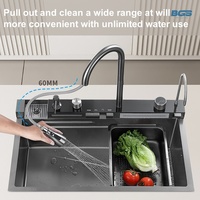Évier de cuisine à cuve unique en acier inoxydable 304, design cascade moderne multifonctionnel, fonction extractible intelligente, style noir