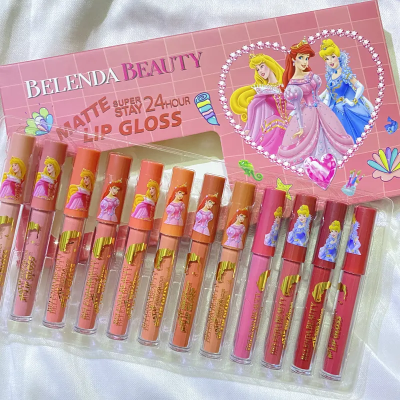 12pcs color Waterproof Lip Makeup for Girls Women Multi Colors Lip Gloss Kit Moisturizing Long Lasting Princess lipgloss set