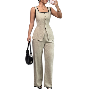 ชุดเซ็ตสองชิ้นสำหรับผู้หญิง ฤดูร้อน เสื้อแขนกุดคอวี กางเกงเอวสูง สไตล์ลำลอง กระดุมติด ผ้าทอ ระบายอากาศได้ดี 100% - Product Image 1