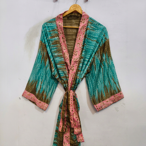 Handmade Silk Sari Patchwork <b>Kimono</b> Robe Bikini <b>Cover</b> <b>Up</b> Night Wear Long Robe, Handmade Indian Vintage Recycled Silk Sari <b>Kimono</b> - Product Image 1