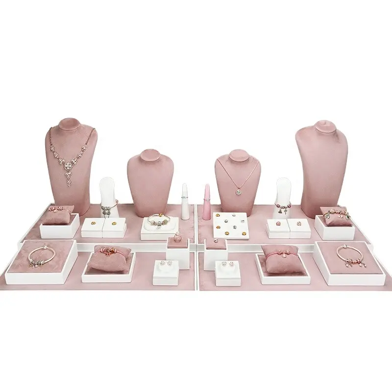 MOQ 1 Set espositore per gioielli in pelle rosa di alta qualità in pelle pu Set di espositori per gioielli di marca di moda supporto per anelli per gioielli