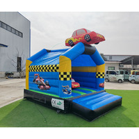 Château gonflable commercial en PVC bleu pour enfants, motif voiture de course, avec support personnalisé, pour fêtes et événements