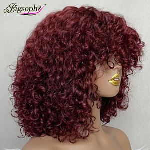 Bán buôn Ấn Độ Trinh Nữ tóc con người <span class=keywords><strong>12</strong></span> inch, nữ tóc giả tóc con người sang trọng xoăn, ngắn sang trọng Bob tóc con người bangs tóc giả không có ren - Product Image 1