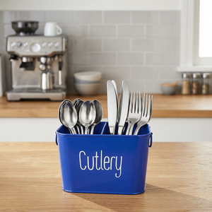 Blue Rectangular Metal Cutlery Storage Holder with "Cutlery" <b>Label</b> for <b>Kitchen</b> Use - Product Image 6