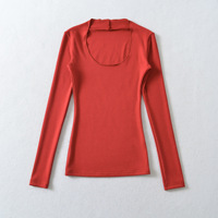 T-shirt moulant à col en V pour femme Qiu Chun, manches classiques, style Spice Girls, en tissu extensible Spandex/Coton, uni, teint, haut long de printemps