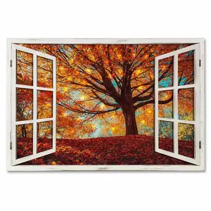窗框秋季发光二极管蜡烛帆布闪烁森林美丽风景大壁画带发光二极管