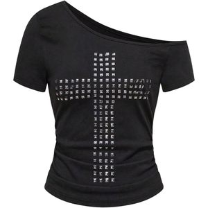 FOXA Women's Off Shoulder <b>T</b> <b>Shirt</b> Cross Rivet Short Sleeve Grunge <b>Punk</b> Streetwear Top - Product Image 1