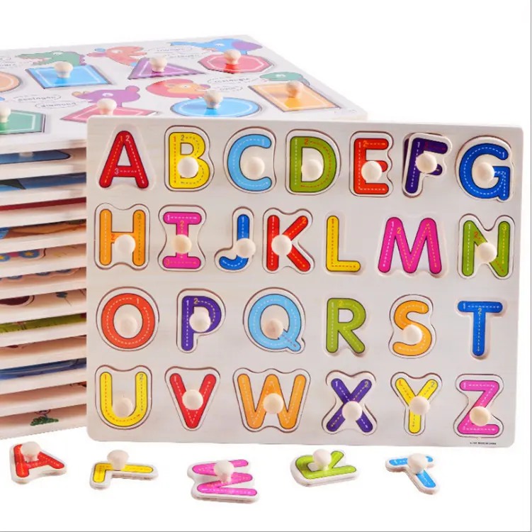 Wooden Hand Grasp Capital Alphabet Puzzle Kids Early Education Letters Block Board Puzzles for Preschool Kindergarten Toddlers p