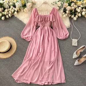 Women's French Style Chic Square Collar Dress Puff Sleeve Chiffon Long Dress Spring 2022 New Solid Color Casual Dress