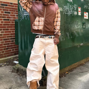 Logo personnalisé 100% coton Patchwork bloc de couleurs à carreaux recadrée lavage à l'acide en détresse <span class=keywords><strong>soleil</strong></span> fané fermeture éclair Vintage à capuche pour hommes - Product Image 4