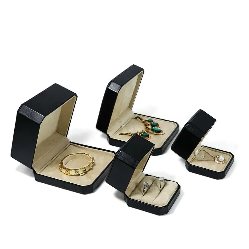Usine vente en gros boîte octogonale en cuir PU boîte à bijoux noire boîte de rangement boucles d'oreilles broche Badge boîte personnalisée