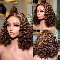 Perruque Bob Courte Bouclée Marron 4/30 avec Dentelle Frontale 4x4 en Cheveux Humains pour Femmes Noires