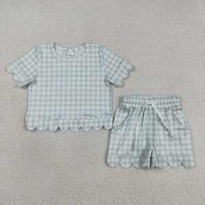 New Design Casual Eco-Friendly Colorful <b>Checked</b> Scallop Short Sleeve <b>Pajamas</b> with Pockets - Product Image 5
