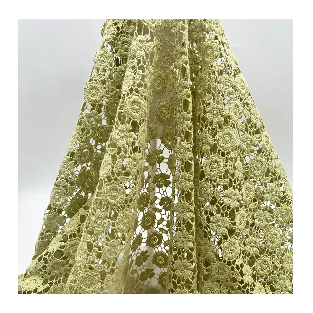 2023 Olivgrüne Spitze Baumwolle Floral Guipure Lace Fabric Wasser lösliche Stickerei Blumen stoff für Stoff