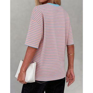 T-shirt rayé à manches courtes et col rond pour femme, haut d'été en coton tricoté surdimensionné, tenue décontractée - Product Image 6
