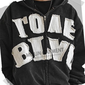 Sweat à capuche zippé pour homme, personnalisé, de haute qualité, en tissu épais 500 g/m², coupé et cousu, avec patch brodé vintage et délavage acide - Product Image 2