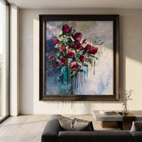 Peinture à l'huile sur toile peinte à la main, sur mesure, grande taille, rouge et bleu, texture épaisse, couteau à palette, rose abstraite pour décoration de bureau