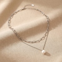 Collar de Cadena con Clip de Doble Capa y Colgante de Perla, Acero Inoxidable 316L, Oro 18K PVD, Hipoalergénico para Mujer
