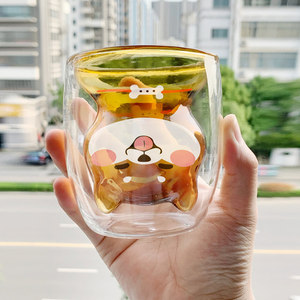 Factory Cheap Price Shiba Dog Pup Shape Double Wall Glass <strong>Cup</strong> for Gift Cartoon Double Walled Glass <strong>Cup</strong> - Product Image 1