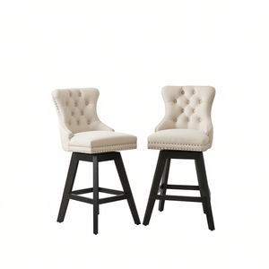 Tabourets de bar en velours touffeté avec pieds en bois, design pivotant, beige, ensemble de 2, mobilier de bar moderne - Product Image 1