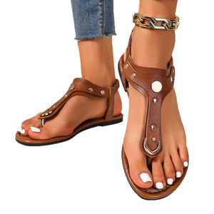 2026 Summer New Plus Size Flat Thong Roman <b>Sandals</b>, Women Rivet Elastic Strap Outdoor Casual Shoes - Product Image 5