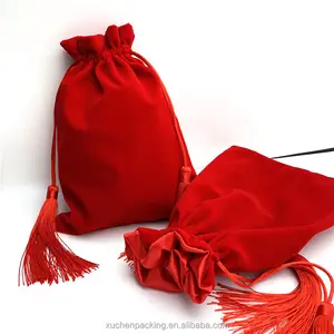 Custom Red Velvet Natal Gift Embalagem Saco Com Satin Forro Tassel Drawstring Velvet Poeira Bag