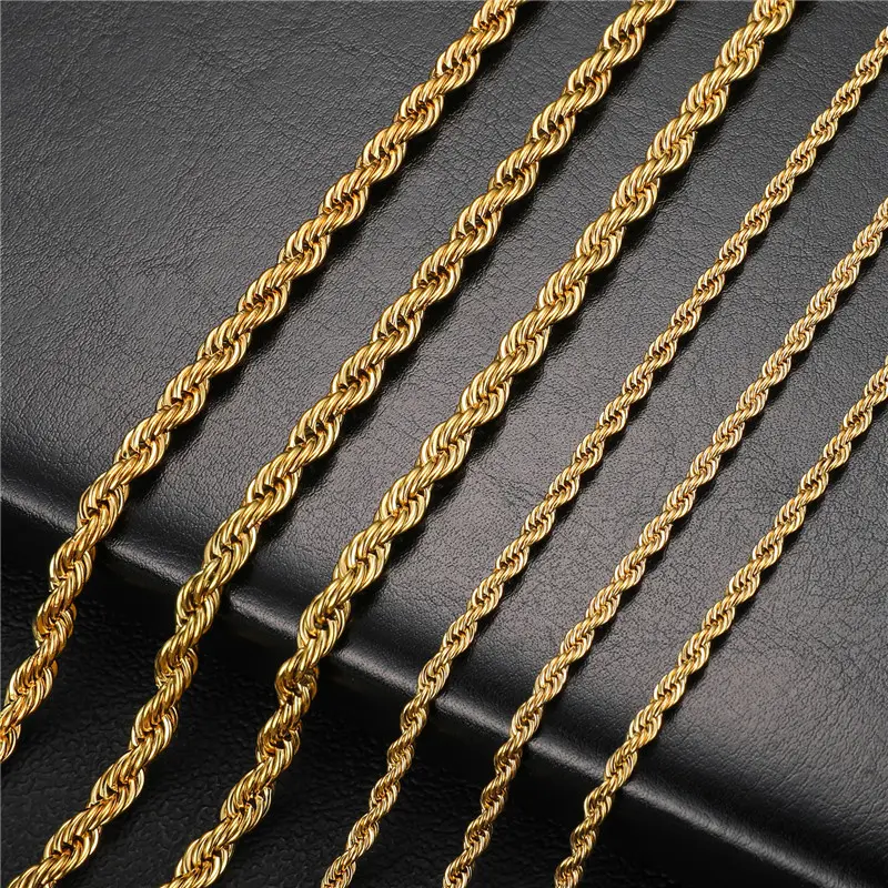 In Stock Wholesale Men's Women Unisex Jewelry 18K Gold Plated Stackable Stainless Steel 3mm 5mm Rope Chain