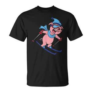T-shirt promotionnel avec motif cochon faisant du ski pour les vacances d'hiver - Product Image 1