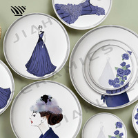 Mode élégante-Collection d'assiettes en porcelaine florale avec illustrations de robe et accents de rose violette