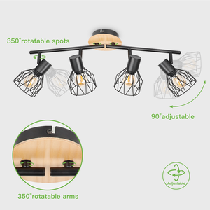Spot de plafond <span class=keywords><strong>E14</strong></span> en gros, réglable, 4 têtes rotatives, <span class=keywords><strong>LED</strong></span> moderne, base en fer forgé noir et bois, pour maison, salon, magasin, intérieur - Product Image 5