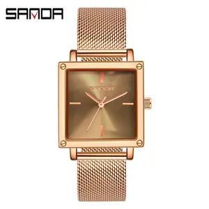 SANDA P1068 high quality gold female quartz watch stylish Mesh Strap water resist low price character rectangle Montre Femme