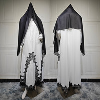 Abaya longue blanche modeste MQ286 avec appliques en dentelle noire, vêtement islamique, robe Abaya, robe Dubaï, robe musulmane pour femmes avec hijab