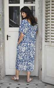 Indian Traditional Blue Printed Cotton MIDI Dress V Neck <b>Short</b> Sleeves Relaxed Fit Straight Silhouette <b>Kaftan</b> Dress For Women - Product Image 3