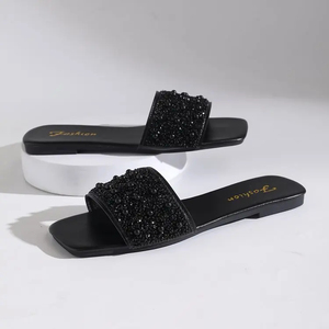 Sandalias Planas de Verano 2026 para Mujer, con Punta Cuadrada, Adornadas con Cuentas Negras, Cómodas, Tallas Grandes, Casuales, para Fiesta - Product Image 3