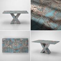 Table à manger moderne de luxe avec motif en marbre bleu, plateau en pierre artificielle, base en X, mobilier de salle à manger haut de gamme pour la maison et l'hôtel, personnalisable