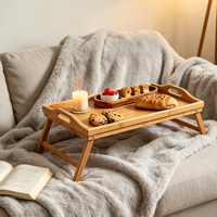 Plateau de lit pliable en bambou avec pieds, portable, pour servir les repas et les collations, idéal pour manger et travailler - Assiettes incluses