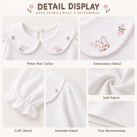T-shirt personnalisé pour filles, broderie lapin, col Peter Pan, manches longues, sous-vêtement, tee-shirt en coton pour tout-petits et enfants, haut pour enfants OEM ODM