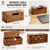 Boîte de gestion des câbles rectangulaire en bois d'acacia à poser sous le bureau avec couvercle, capacité 10-20L, pour bureau, salon et table TV