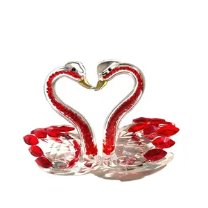 Wholesale Beautiful Wedding Decoration Romantic Handmade Red Color Crystal Glass Pair Swans For Gift