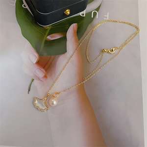 Zhizhen <b>Jewelry's</b> High Quality Freshwater Pearl Necklace Natural White <b>Butterfly</b> Shell Ginkgo Leaves Exquisite Diamond - Product Image 4
