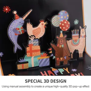 Nouveauté Mignon Personnalisé Artisanal 3D Animal Pop Up Joyeux Anniversaire Cartes De Voeux avec Enveloppes Fabricant