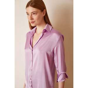 Camisa Básica de Satén para Mujer, Color Lila, con Botones, Estilo Clásico para el Día a Día - Product Image 1