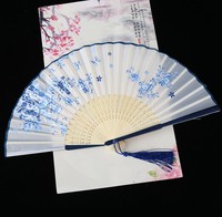 Éventail pliant vintage en soie, motif bambou chinois, artisanat japonais, cadeau, décoration d'intérieur, ornements, éventails à main pour fête et danse