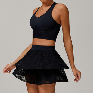 Aoyema Vêtements de sport pour femme Padel Vêtements respirants en dentelle à séchage rapide Pickleball Outfit Naked Yoga Gym <span class=keywords><strong>Tennis</strong></span> Skirts Set - Product Image 5